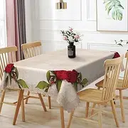 TTQYFNM 60x120inches Vintage Rectangle Tablecloth Red Rose Floral Green Leaves Polyester Fabric Tablecloths Wipeable Easy Care Table Cloth Cover for Kitchen Dinning Banquet Buffet Theme Party Decor