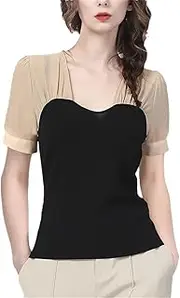 [Generic] Women Square Neck Long Sleeve Chiffon Top Spring Summer Lantern Sleeve Knitted Shirt Slimming Small Size Blouses