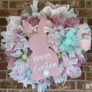 Easter Wreath 26” Wrapped Eggs Sparkly Happy Easter Wood Sign Mesh Ribbon