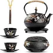 Dyna-Living Cast Iron Teapot with Warmer 720ml/24.5oz Japanese Teapot with Infuser Cast Iron Tea Pot Set with 2 Tea Cups Japanese Style Teapot for Stovetop Cast Iron Tea Kettle for Home Use
