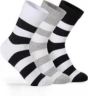 [ANT21T] Striped Crew Socks, Cotton, 3 Pairs, Black/Gray/White, Black/White/Gray