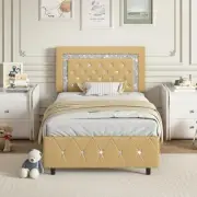 Twin Size Bed Frame, Upholstered Platform Bed with Button Tufted Headboard, Prin