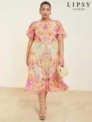 Lipsy Pink Curve Printed Chiffon Short Sleeve Maxi Dress (AV6655) | $198