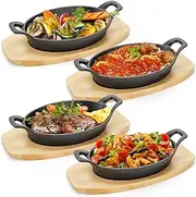 Mezchi 4 Pack Mini Cast Iron Fajita Skillet Set, 8.5 x 6.1 Inch Sizzling Plate with Wooden Base, Small Oval Casserole Dishes, Cast Iron Pizza Baking Steak Pan for Stove, Oven, Grill
