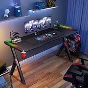 Luxsuite Gaming Desk Computer Desk with Led Light Office Home Workstation Racer Table Carbon Fiber Wireless USB Charger & USB Charging Port 140CM Black