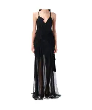 Laser-Printed Leave Detailed Satin Chiffon Dress IT40,IT42 black