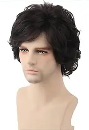 Men's Wigs Black Short Wavy Shaggy Style Layered Cosplay Halloween Costumes Male Wig (Black)