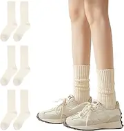 [Lancry] 3 Pairs Crew Socks Women,Thermal Slouch Socks White Crew Socks Women,Casual Calf Cotton Socks for Women Slouchy Womens Ladies Socks, Off-white, One size