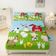 [QOOMO] Farm Animal Sheet Set,Farmhouse Kids Bed Sheets,Cow Pig Sheep 16" Deep Pocket Bed Sheet Set for Boys/Girls/Kids/Teens，4 Piece Sheet Set, 1 Fitted Sheet,1 Flat Sheet and 2 Pillowcases，Queen Size