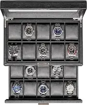 ROTHWELL 20 Slot Leather Watch box - Luxury Case Display Jewelry Organizer, Locking Holder with Large Real Glass Top Box Organizer for Men and Women (Black/Grey) RW20