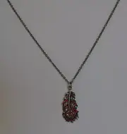 KIRKS FOLLY SPIRIT OF FLIGHT PEACOCK FEATHER RED CRYSTAL NECKLACE BRASS TONE
