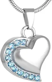 BIAIHQIE White/Pink/Blue 316L Stainless Steel Crystal Heart Cremation urn Necklace Hold Ashes Keepsake Memorial Jewelry Pendants-Silver Blue Stone