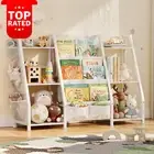 Large Kids Bookshelf 3-Tier Book Sling Shelf Toy Organizer White Wood Metal