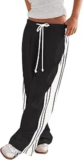 [MISSACTIVER] Women Side Striped Wide Leg Pants Color Block High Rise Drawstring Sweatpants Baggy Track Pants with Pockets