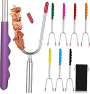 8 pcs Barbecue Fork Extendable Roasting Sticks for Camping Picnics with Drawstring Bag Durable Cooking Utensils for Safe Meat Carving
