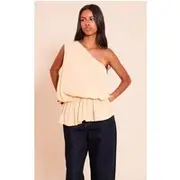Petite Almond Sheer One Shoulder Flowy Ruched Long Top, Almond