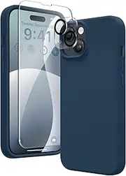 GONEZ for iPhone 14 Case Silicone, with 2X Screen Protector + 2X Camera Lens Protector, [Soft Anti-Scratch Microfiber Lining], Liquid Silicone Shockproof Protective Phone Cover 6.1", Dark Blue