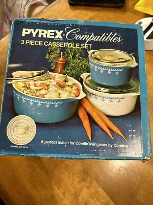 * PYREX 3 PIECE CASSEROLE SET SNOWFLAKE BLUE CORNING NEW. Factory sealed box.