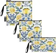 RPLIFE Sicilian Style Lemons Blue Flowers Sandwich and Snack Bags Reusable Washable Food Storage Pouch with Zipper for Students (Set of 3: S/M/L)