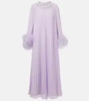 [Self-Portrait] Self-Portrait Feather-trimmed plissé chiffon midi dress AU 8 purple