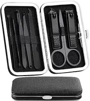 Manicure Set, Set of 8 Nail Care Set, Stainless Steel Nail Set Manicure, Nail Set with Leather Bag, Nail Set, Nail Scissors Set for Manicure Eyebrow Correction Ear Wax Removal, Unisex, Black