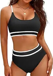 [MISSJOY] Women's High Waisted Bikini Sets Two Piece Tummy Control Swimsuits Color Block Adjustable Straps Bathing Suit