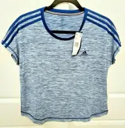 New ADIDAS Womens M SHORT Sleeve SHIRT Climalite STRIPED Activewear LEGMAR Blue