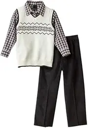 [Van Heusen] Boys 3-Piece Outfit White Sweater Vest Plaid Shirt & Corduroy Pants