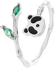 [OIDIMS] Cute Panda Wrap Open Ring for Women Animal Bear Bamboo Green Crystal Adjustable Stacking Finger Rings Sterling Silver Plated Fashion Jewelry for Daughter Friendship Graduation, Metal, Cubic