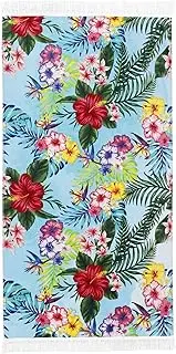 LINENOVA 100% Cotton Beach Towel -86x163cm Sand Free Beach Blanket Soft and Absorbent Towels for Swimming, Sports, Beach, Gym, Travel (Hibiscus Blue)