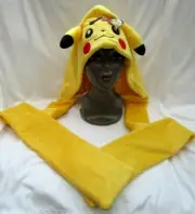 Pokemon Pikachu Snood Hat Yellow Plush Anime Hat Beanie with hand warmers-New!