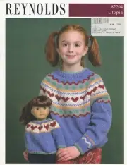 Utopia Girl & Doll Yoked Pullovers Reynolds Knitting Pattern 82204 2-12, 18"Doll