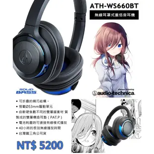 鐵三角 ATH-WS660BT 無線 藍牙 便攜型 耳罩式 頭戴 耳機 現貨 廠商直送