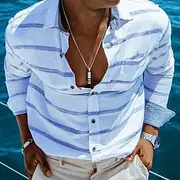 Men's Shirt Cotton Linen Shirt Summer Shirt Beach Shirt Striped Shirts Striped Vacation Hawaiian Blue Long Sleeve Lapel Spring Summer Clothing Apparel Print