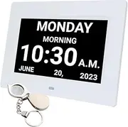 Digital Low Vision Clock for Elderly & Visually Impaired - Large Display with Date, Day, Year, Alarms, Medication Reminders, Multimedia Playback, Easy-to-Read Screen, Bonus Magnifying Key Ring