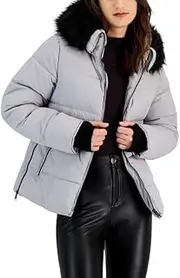 [Maralyn & Me] Women's Juniors' Faux-Fur-Trim Puffer Coat (Silver, X-Small), Silver, X-Small