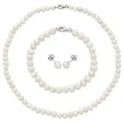 Sterling Silver White Freshwater Pearl Necklace, Bracelet and Earring Set