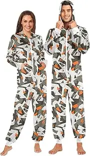 [ZZXXB] Geometry Camouflage Onesie Pajamas for Adult Women Men Long Sleeves One Piece Onesies Hooded Sleepwear S - XL