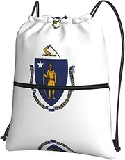 EdWal Massachusetts State Flag Print Drawstring Backpack Gym Bags Sports Bags With Zipper Pocket For Travel Swimming Beach, Black, One Size