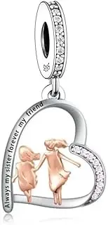 [Mon & Sons] Always My Sister Forever My Friend Big Little Twin Love You Heart Charm Bead Pendant 925 Sterling Silver Dangle Compatible With Pandora Charm Bracelet, Metal