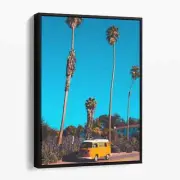 Volkswagen Van with Palm Trees Coastal Ocean Beach Canvas Wall Art Print
