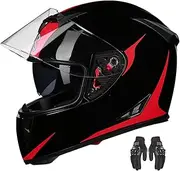 Adult Full Face Motorcycle Helmet, DOT/ECE Approved Lightweight Motorcycle Helmet with Double Sided Visor and Motorcycle Gloves