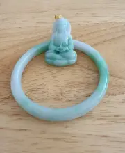 Green/white Oval Jade /jadeite Bangle /18k Gold Quanyin Pendant Grade A