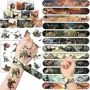 60PCSRealistic Dinosaur Party Favors Set include 36Pcs Dinosaur Temporary Tattoos Stickers, 24Pcs Dinosaur Slap Bracelet for Forest Dinosaur Dino Party Favors Prehistoric Dinosaur Themed Supplies