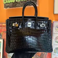 在飛比找Yahoo!奇摩拍賣優惠-Hermes birkin 25 黑銀兩點鱷魚皮銀釦柏金包。