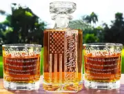 Whiskey Decanter Engraved We the People American Flag Decanter Set with 2 Glass