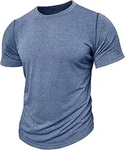[Zylphorix] Men Contrast Round Neck Short Sleeve T-Shirt Jogging Breathable Basic Sport Shirts Summer Classic Cozy Sweatshirt, Blue, Medium