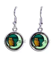 Halloween Owl on Moon - Handmade Resin Dangling Earrings SILVER PLATED