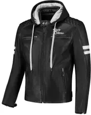 Rusty Stitches Jari Hooded V2 Motorcycle Leather Jacket, black-white, Size XL for Men Black White