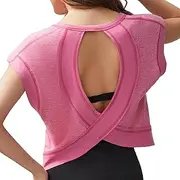 [Ammiko] 2025 Open Back Workout Tops for Women Backless T Shirts Criss Cross Crop Tee Round Neck Yoga Gym Running Tees